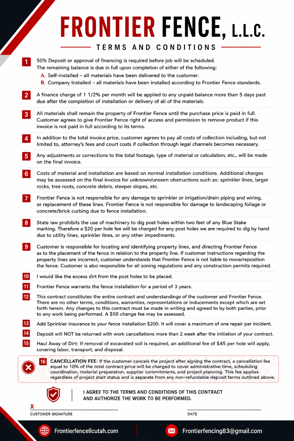 Frontier Fence terms and conditions document preview