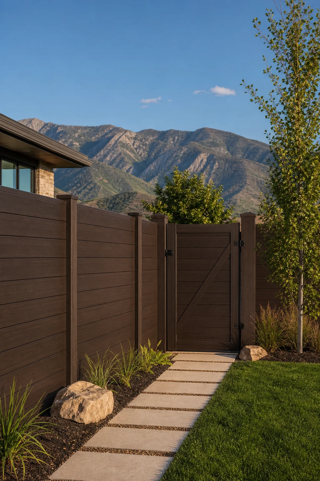 Modern brown composite privacy fence beside a landscaped path with Utah mountains in the distance